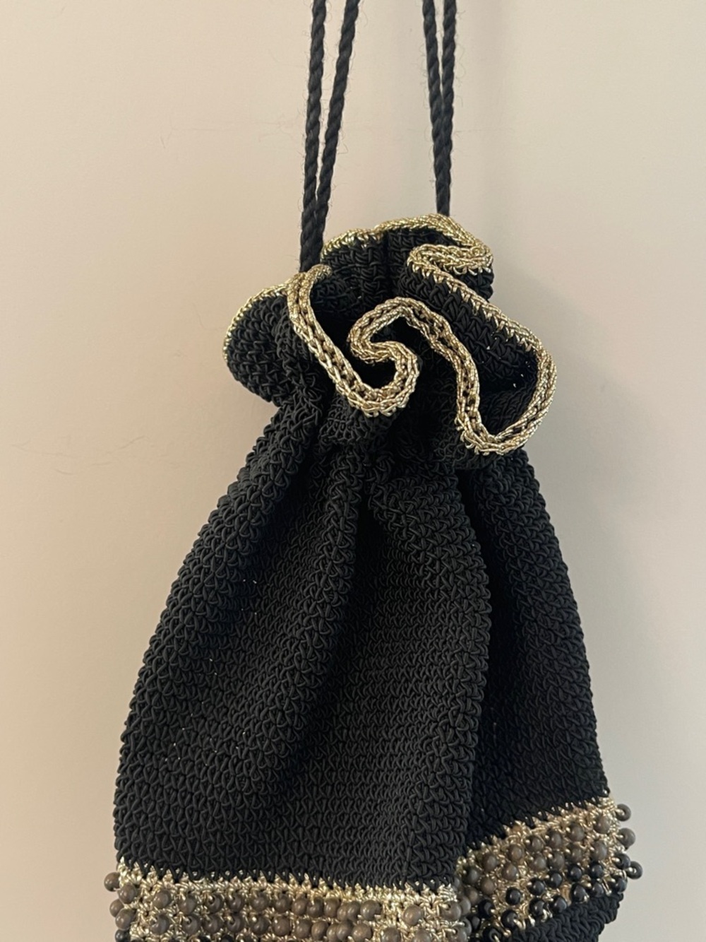 Boho Macramé Black Beaded Fringe Drawstring Satchel / resin bottom - Picture 2 of 13